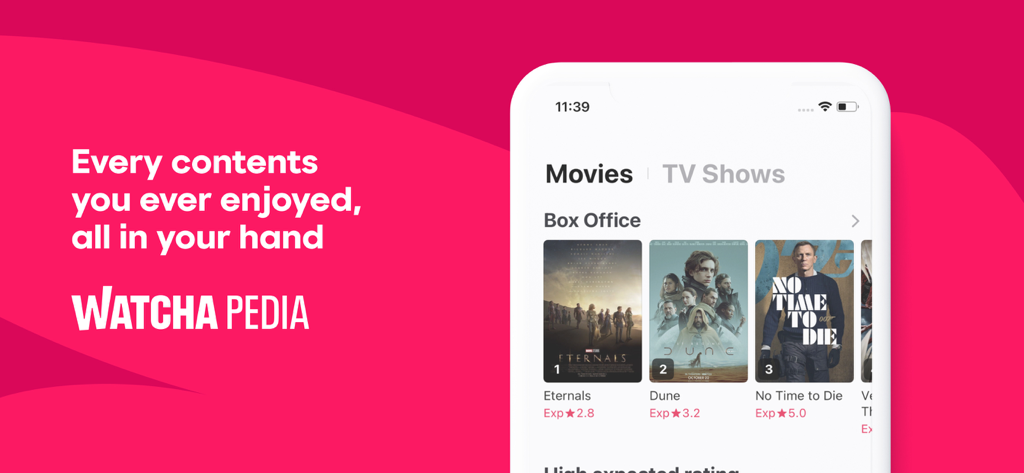 WATCHA PEDIA - Interfaccia dell'app WATCHA PEDIA che mostra raccomandazioni di film e valutazioni del botteghino su un telefono cellulare
