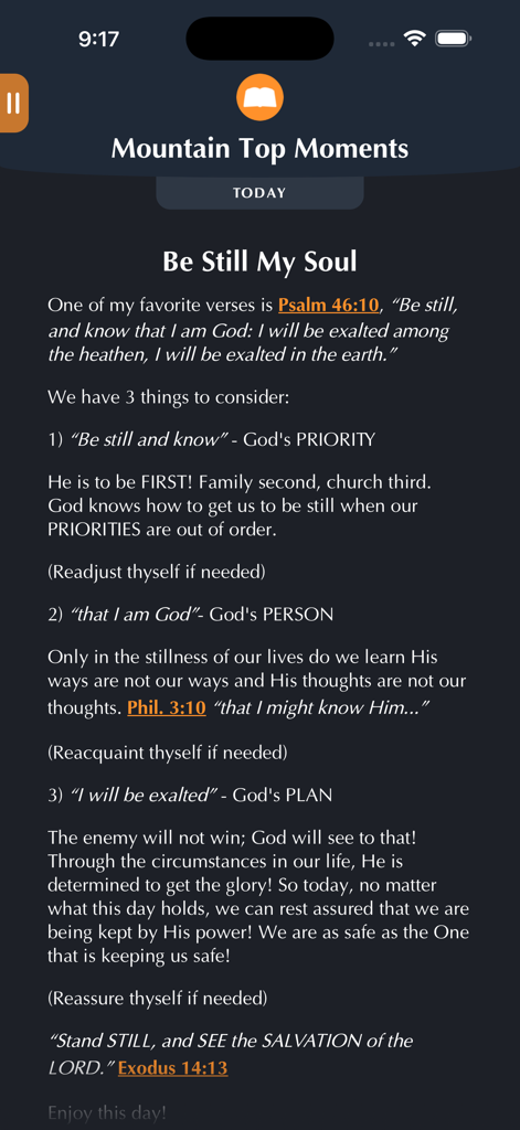 MyOwnBible - MyOwnBible app daily devotional page featuring scripture reflections and verses like Psalm 46 10 and Exodus 14 13