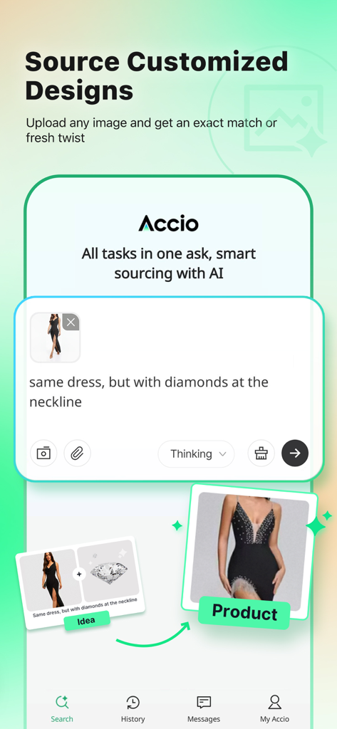 Accio app interface illustrating AI-powered custom product design and sourcing