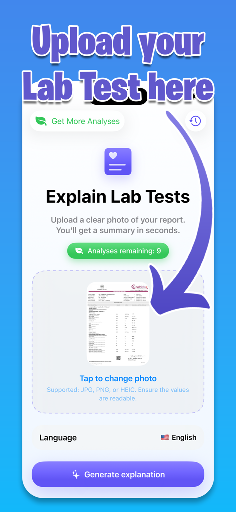 Upload screen of AI Blood Tests Analyzer app showing the interface to submit a medical report for explanation.