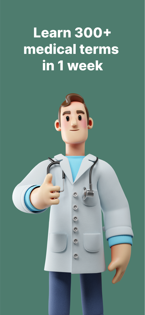 3D cartoon doctor giving a thumbs up with text saying Learn 300 plus medical terms in 1 week