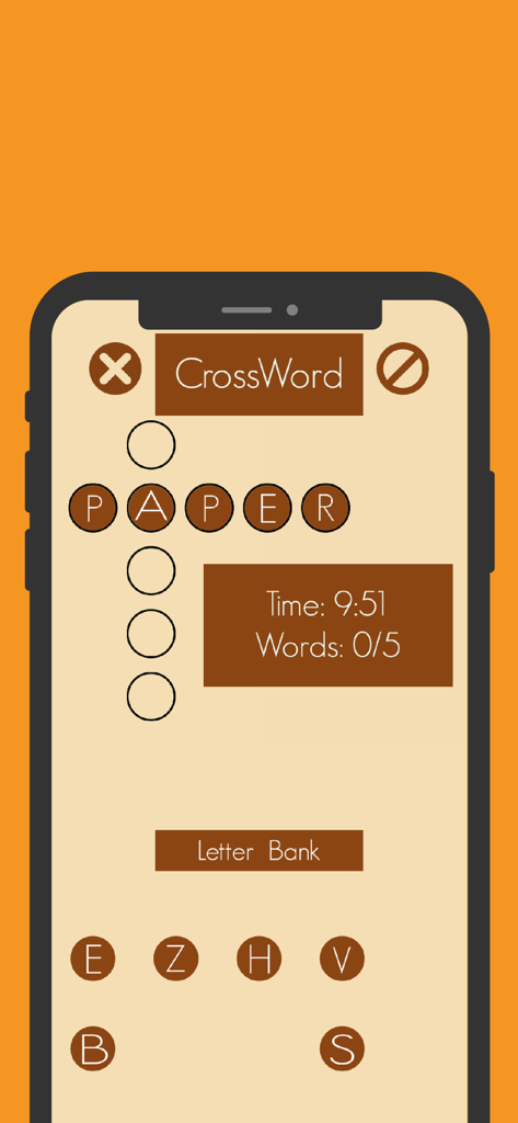 Mobile phone screen displaying a crossword puzzle in the Spell Me app with the word paper and a letter bank