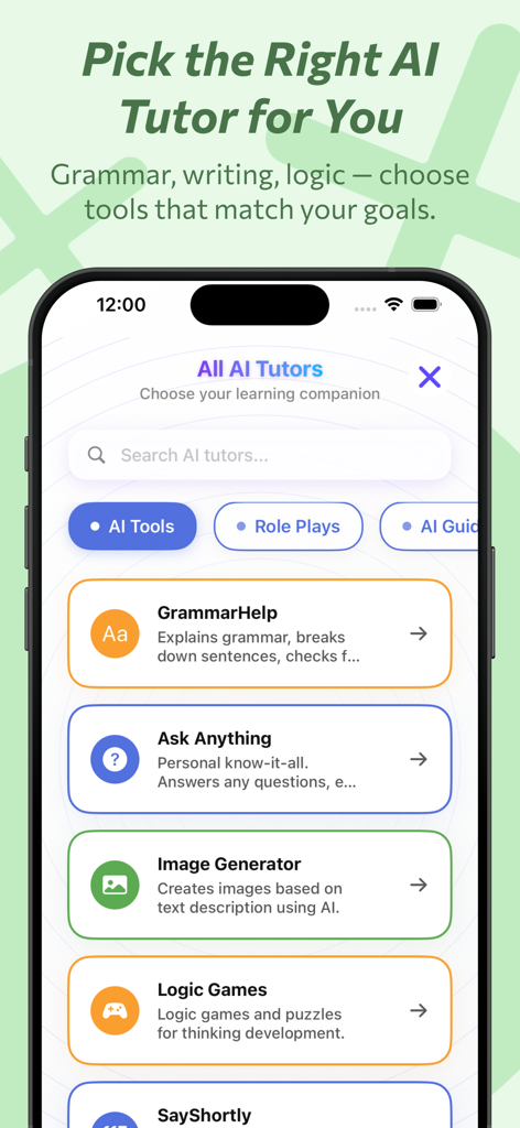 Una pantalla de aplicación móvil titulada Elige el Tutor de IA adecuado para ti que enumera opciones como Ayuda con Gramática y Pregunta lo que sea.