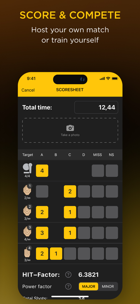 Drills: Shooting Training app - A digital scoresheet interface in the Drills shooting training app showing hit factor and target performance metrics