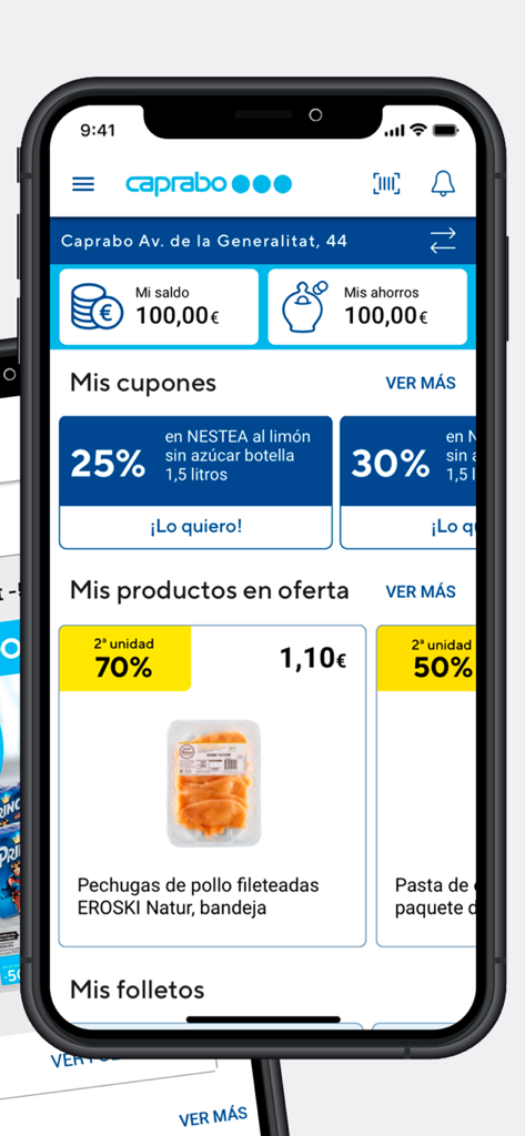 Caprabo - Pantalla móvil de la app de compras Caprabo mostrando cupones personalizados y ahorros en el supermercado