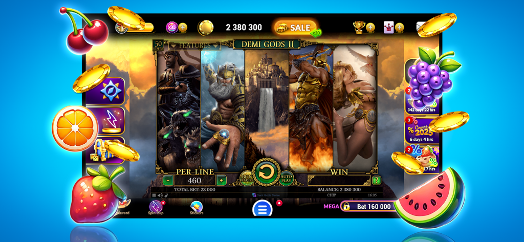 Super Slots Rush Classic - Gameplay screen of Demi Gods II slot machine in the Super Slots Rush Classic app featuring mythological characters and floating fruit symbols.