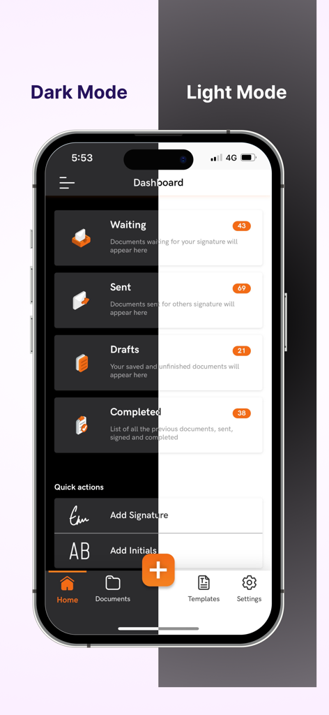 Foxit eSign - A split screen showing the Foxit eSign mobile app dashboard in both Dark Mode and Light Mode.