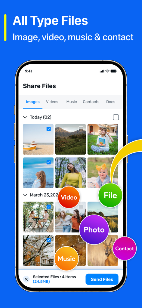 Interface do aplicativo Quick Share exibindo seleção de fotos e vídeos para transferência rápida de arquivos