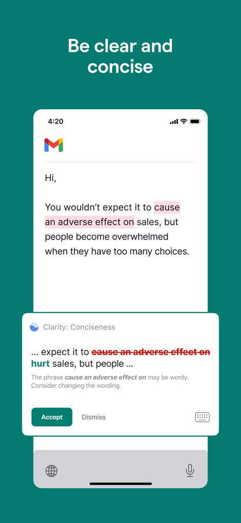Clavier IA Grammarly suggérant un remplacement de mot plus concis dans un e-mail Gmail