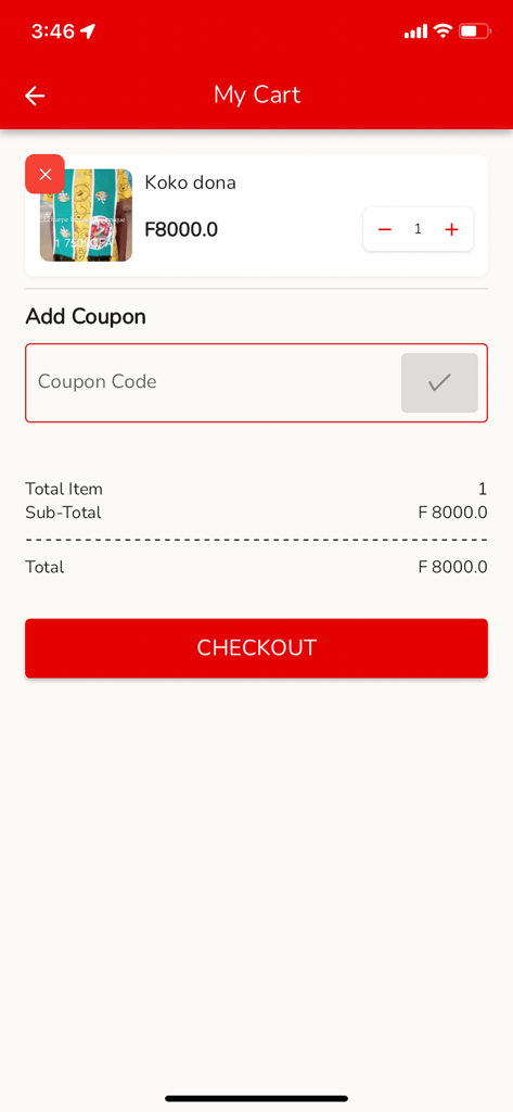 Yugo - Tela do carrinho de compras do aplicativo Yugo mostrando um item pronto para checkout com um campo de entrada de código de cupom