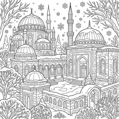 Immerse yourself in the breathtaking beauty of ancient palaces transformed by a serene winter wonderland. This intricate coloring page invites you to bring warmth and color to a snow-covered historical marvel.