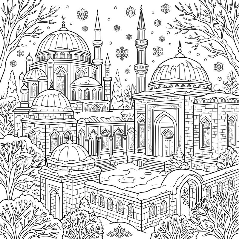 Immerse yourself in the breathtaking beauty of ancient palaces transformed by a serene winter wonderland. This intricate coloring page invites you to bring warmth and color to a snow-covered historical marvel.