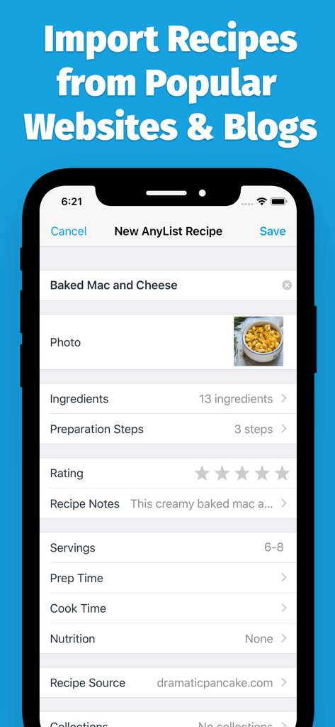 AnyList: Grocery Shopping List - ウェブサイトからインポートされたマカロニチーズのレシピ（材料と調理手順を含む）を表示するAnyListアプリの画面。