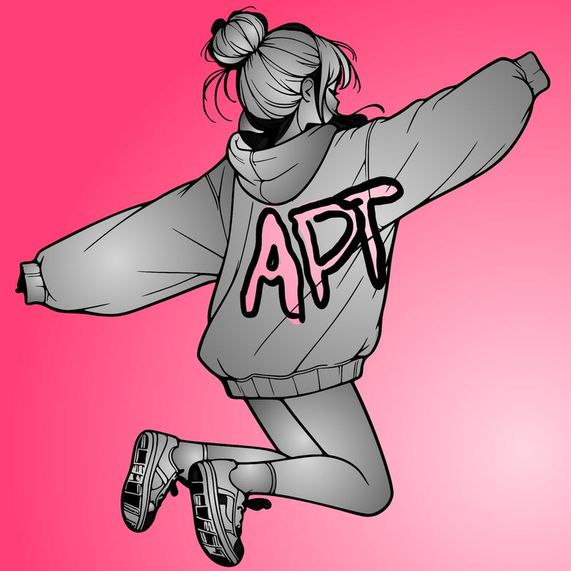 realistic girl jumping with a bun and oversized sweatshirt