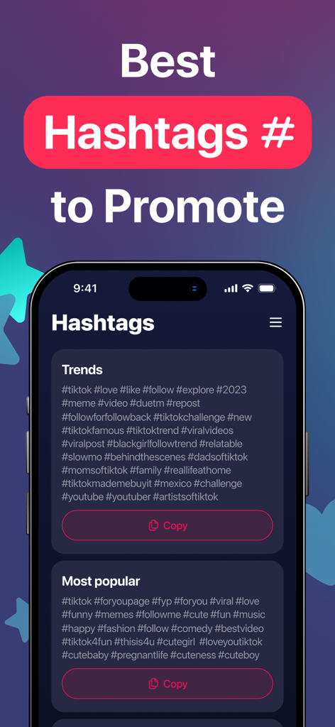 TokTrends Fans,Likes,Followers - App screen showing trending and popular hashtags to promote TikTok content