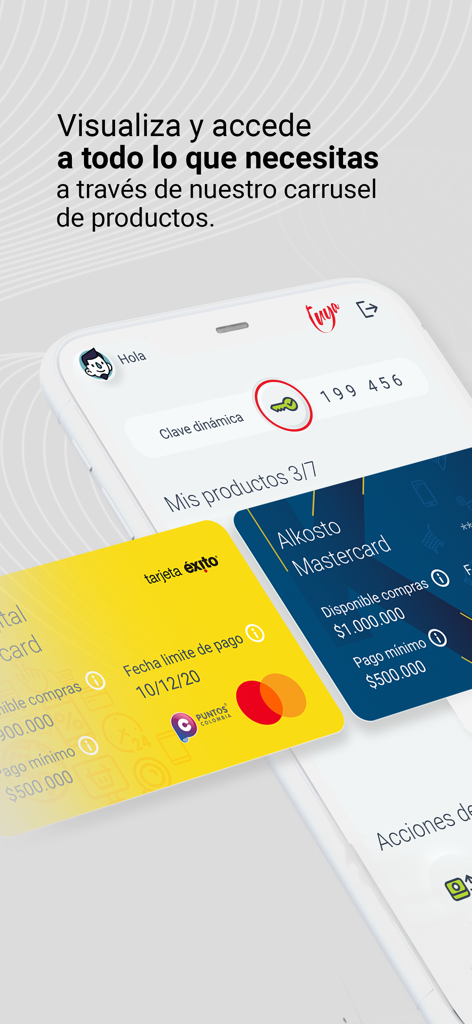 Tuya mobile app screen showing a carousel of credit cards including Tarjeta Exito and Alkosto Mastercard