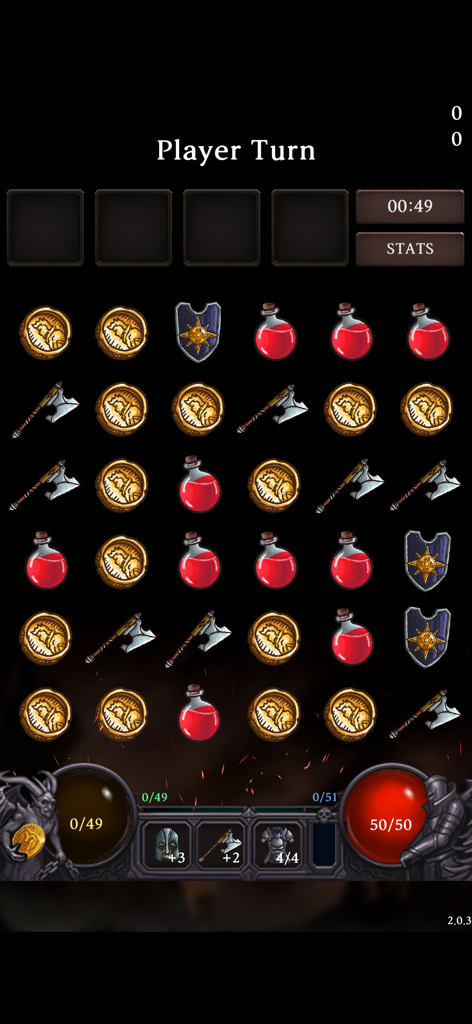 Gameplay screen of Dungeon Tracer showing a grid of items like coins, axes, and potions for tactical matching in a dungeon RPG.