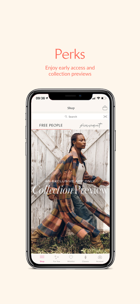 Free People - Der Free People App-Bildschirm zeigt eine Vorschau auf eine exklusive App-Kollektion von Boho-Chic-Mode