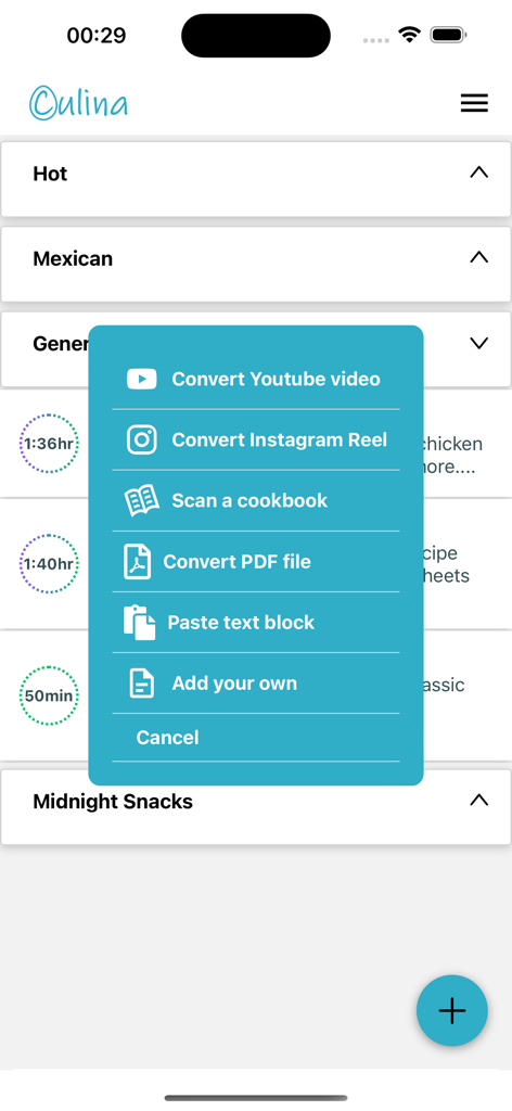 Culina: Ultimate Recipe Book - L'app Culina mostra le opzioni per convertire video di social media e file PDF in ricette