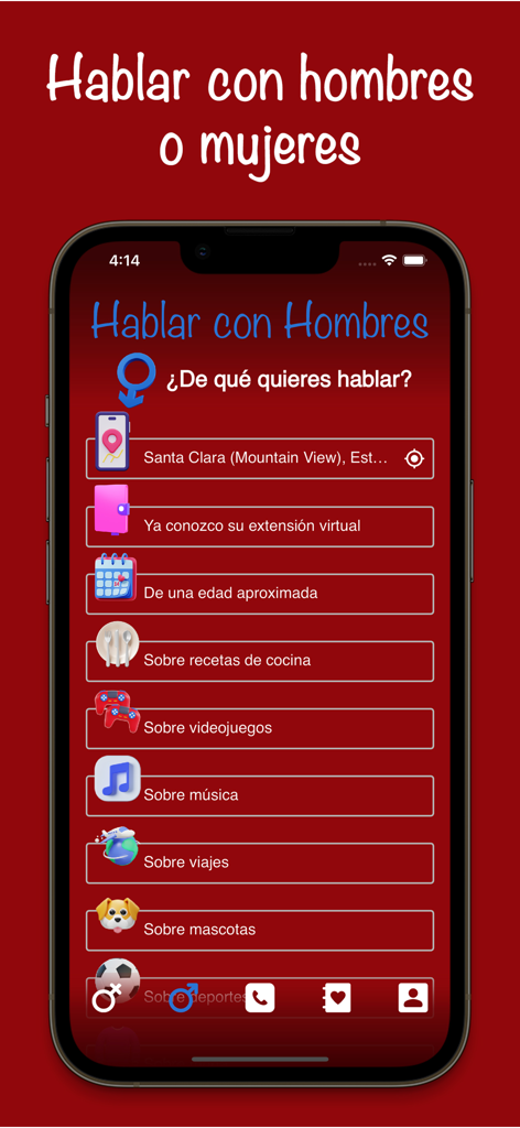 LlamameTu - Hablar por hablar - Una pantalla de la aplicación LlamameTu que muestra una lista de temas de conversación en español como cocina, música y viajes para hablar con hombres.