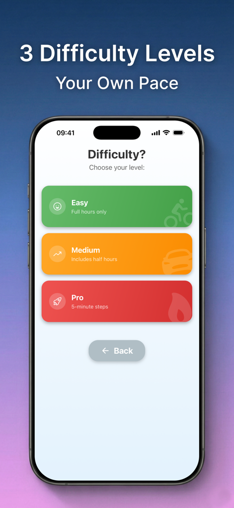Screenshot of the Klokko app showing three difficulty levels: Easy, Medium, and Pro for learning to tell time.