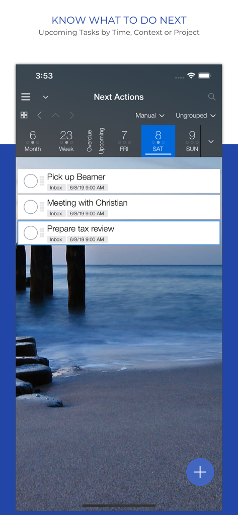 Organize:Pro - Task Manager - Next Actions view in Organize Pro Task Manager app showing daily task list and calendar navigation