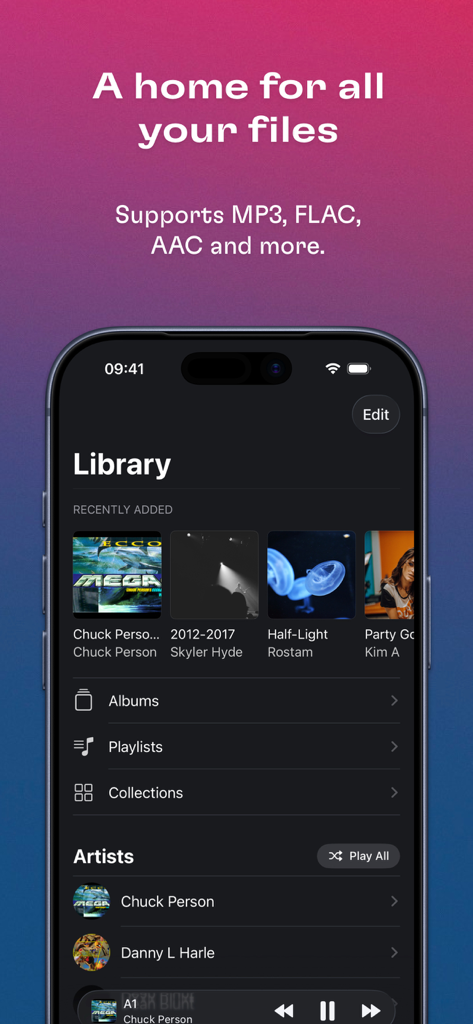 Doppler MP3 & FLAC Player - Doppler app library interface showing support for MP3 and FLAC files