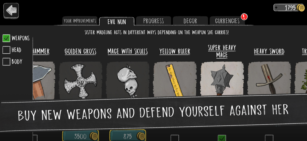 Weapon customization menu in Evil Nun Horror Escape showing various items like a golden cross and skull mace to unlock.