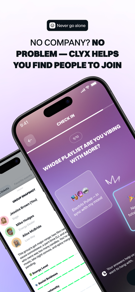 Clyx: Genuine Friends & Events - iPhone screen showing the Clyx app interface for finding social groups through personality quizzes and member snapshots
