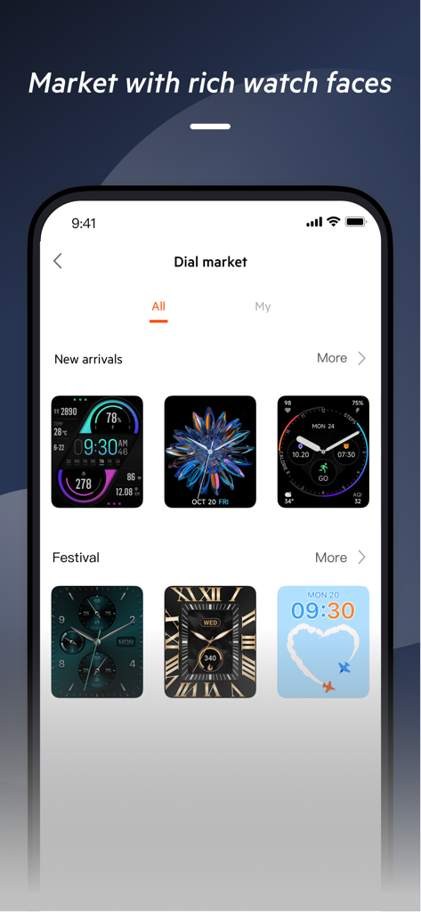 belk watch - La pantalla del mercado de esferas en la aplicación reloj belk mostrando varios diseños de esferas de reloj personalizables.