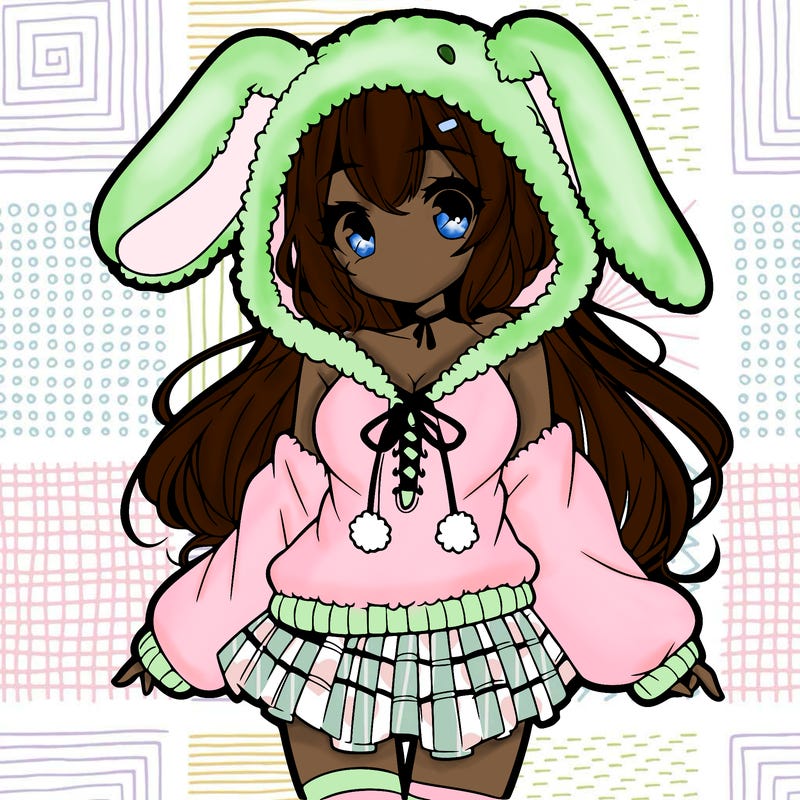 pretty anime girl wearing a fluffy hoodie with bunny ears on the hood and a skirt