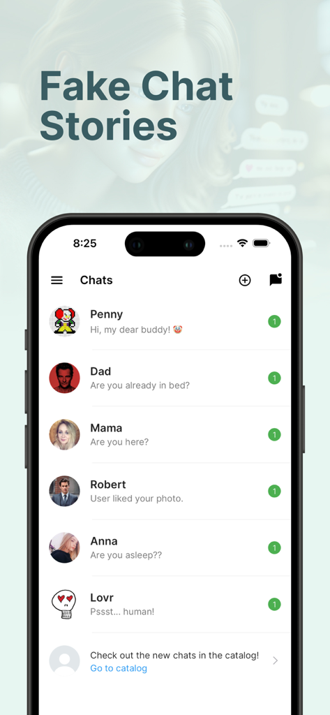 Screenshot der Messenger-Oberfläche in Love Story Chat, der verschiedene fiktive Chat-Gespräche zeigt