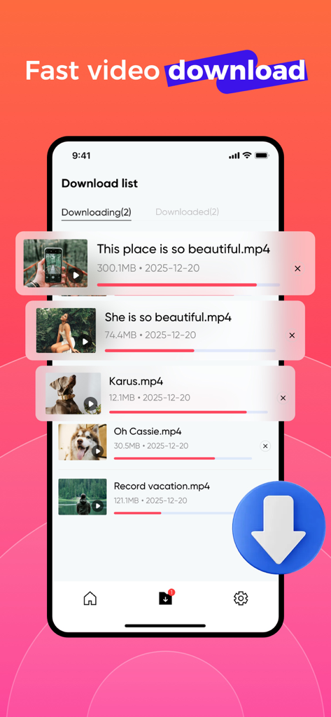 MoodPlayer - Media Player - Interface do aplicativo MoodPlayer mostrando uma lista de vídeos sendo baixados com barras de progresso.