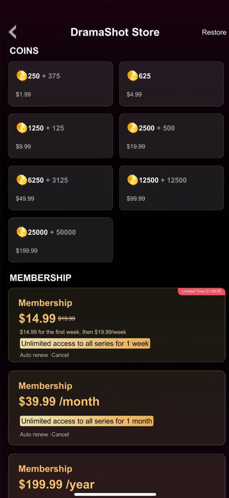 DramaShot - Watch short movies - DramaShot app store interface showing coin packages and membership subscription plans