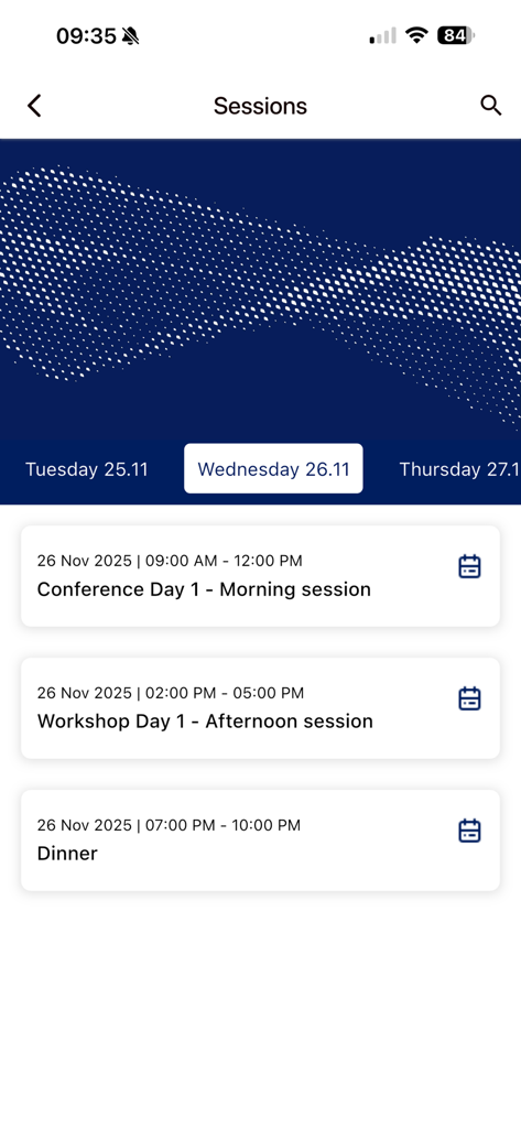 Interface of the Airbus Events and Exhibitions app showing a daily schedule of conference sessions and workshops.
