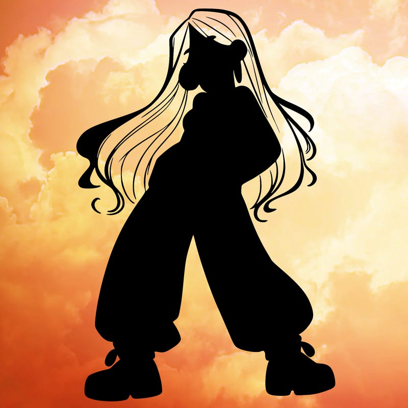 girl in baggy pants crop top and long hair