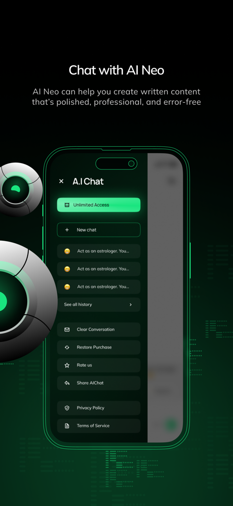 A.I chat - NEO Smart Assistant - A.I chat NEO Smart Assistant app interface showing menu and chat history