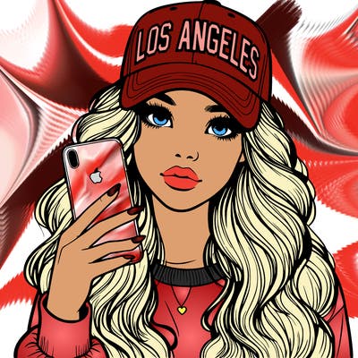 realistic beautiful girl wearing los ángeles cap holding an iphone