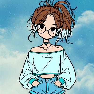 girl with a messy ponytail glasses a baggy crop top and jean shorts