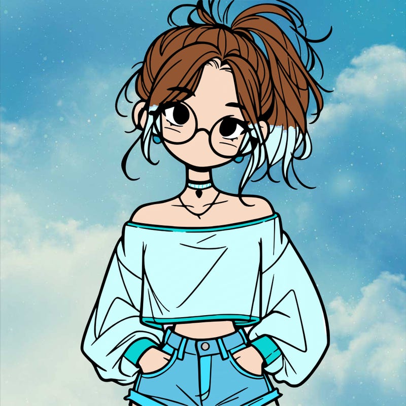 girl with a messy ponytail glasses a baggy crop top and jean shorts