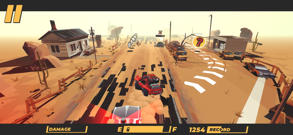 Red car driving through a low-poly desert environment in the mobile game hashtag DRIVE
