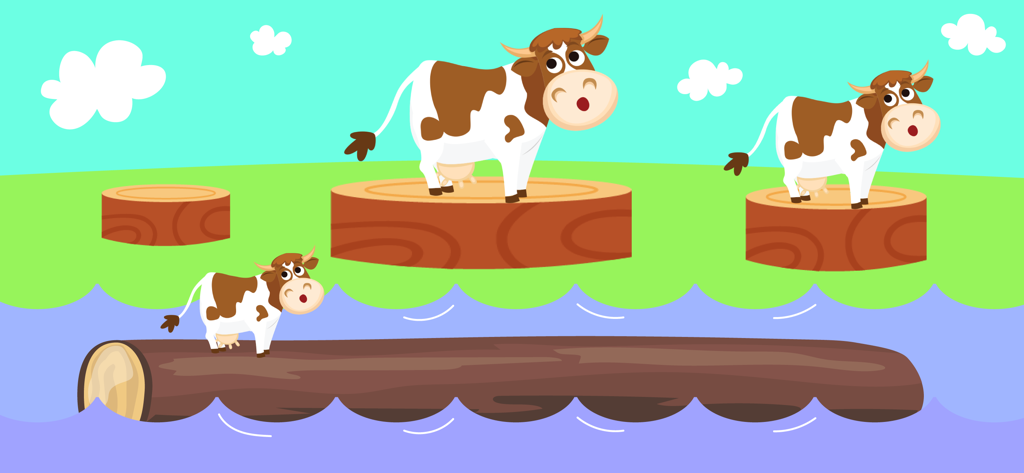 Kids Puzzle & Toddler Games 2+ - Una escena de dibujos animados de un juego de puzzles para niños con tres vacas marrones y blancas sobre toccones de madera y un tronco flotante.
