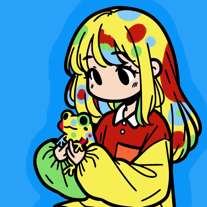 girl with long hair and a oversized shirt. and she is holding a frog