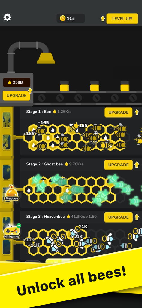 Bee Factory! - Bee Factory gameplay showing various honey production stages and upgrade options
