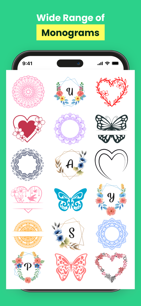 Designs For Cricut Space - Mobile app screen displaying a variety of floral and geometric monogram designs for crafting