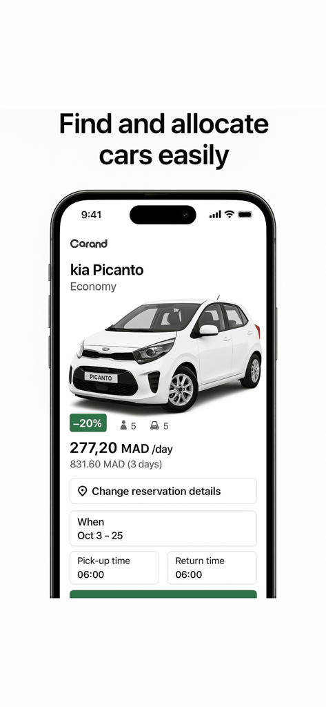 Cardnd mobile app screen showing a Kia Picanto available for rent with transparent daily pricing in MAD and reservation date details.