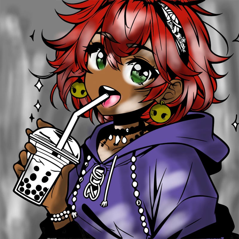 hot baddie anime girl drinking boba and biting the straw