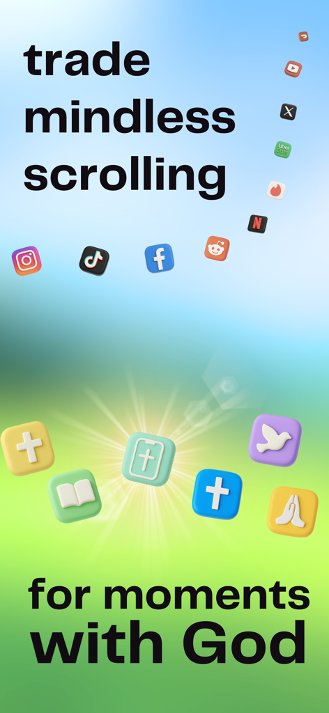 Graphic comparing social media app icons to spiritual icons with text reading trade mindless scrolling for moments with God