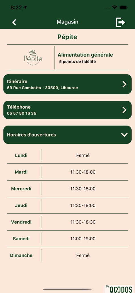Pépite Libourne - Pantalla de detalles de la tienda que muestra la dirección y el horario de apertura en la app Pépite Libourne