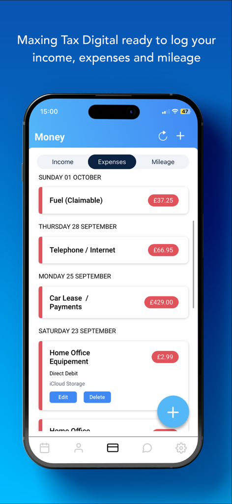 Total Drive app expense management screen showing business costs for driving instructors